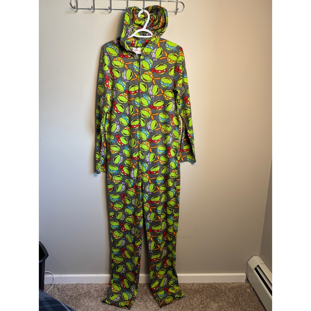 Nickelodeon Mens Green TMNT Ninja Turtles One Piece Pajamas S Fleece Hooded Cozy